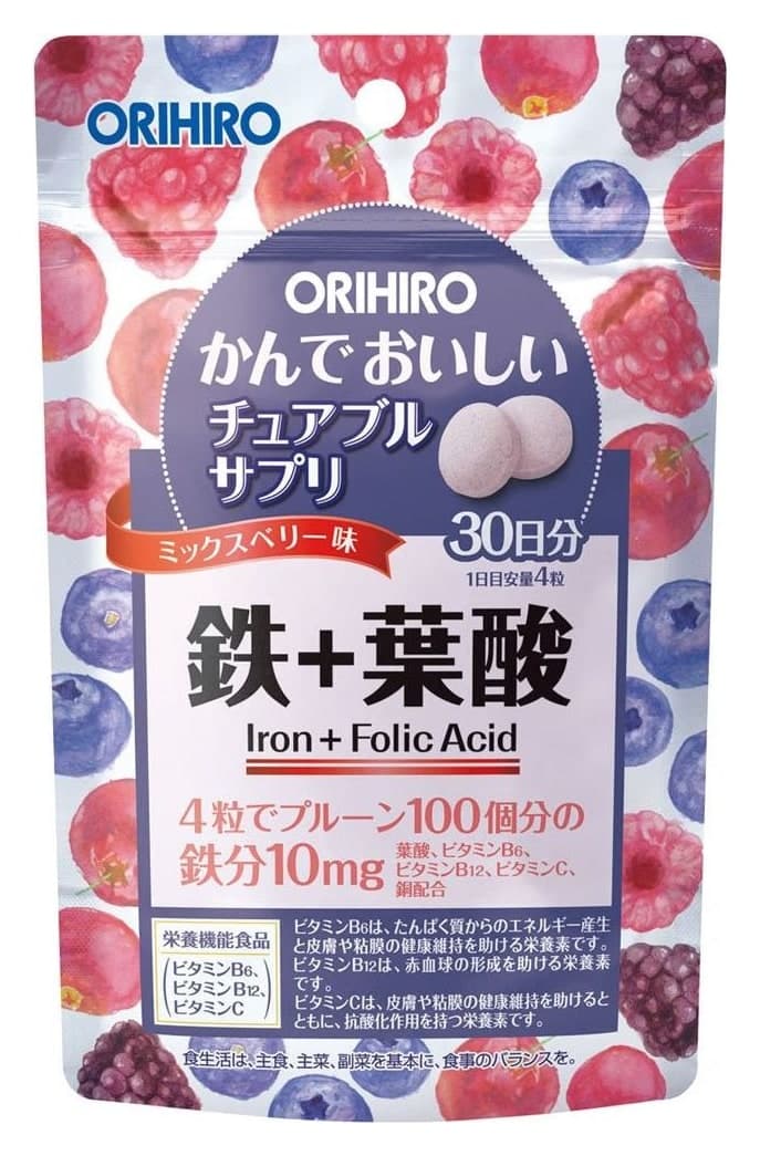 Viên nhai bổ sung sắt và axit folic ORIHIRO vị berry mix 30 ngày